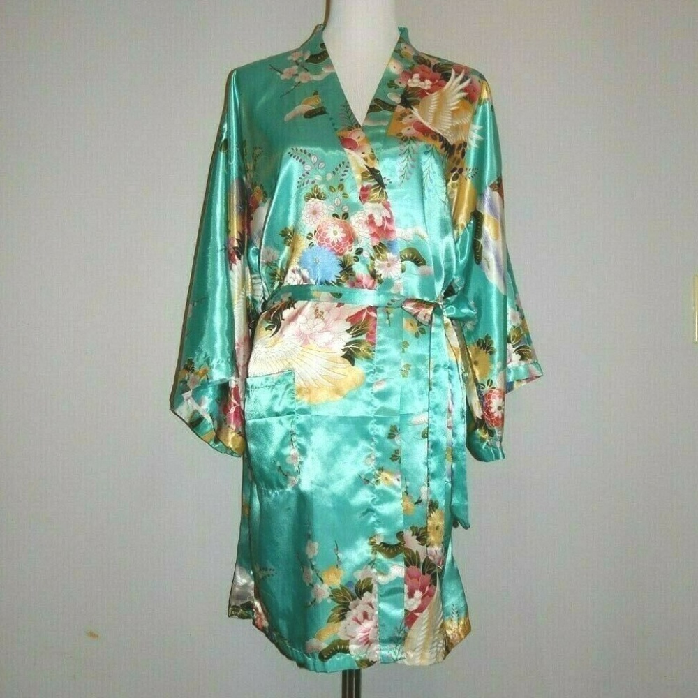 Shanghai Soho Blue Asian Floral Crane Short Robe